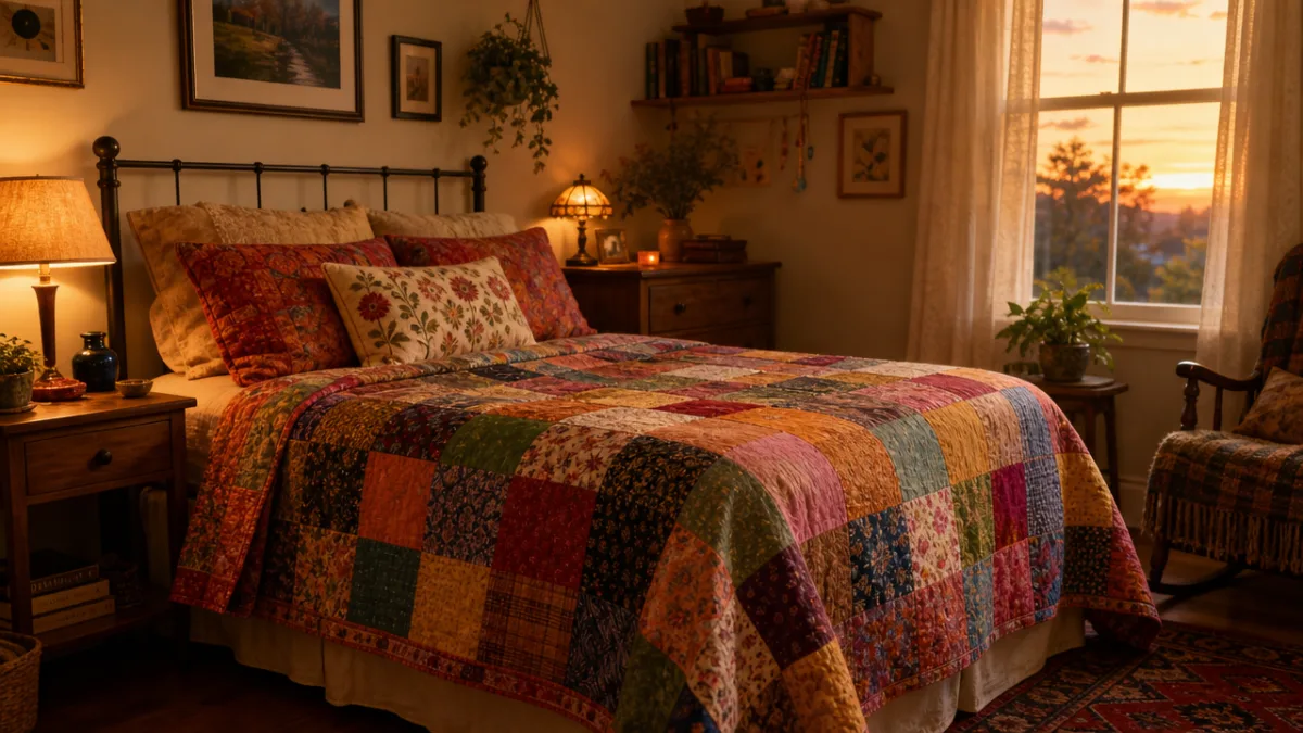 a cozy bedroom with a colorful patchwork bedspread draped over a bed,…