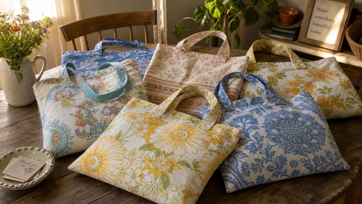 a rustic wooden table with handmade tote bags sewn from colorful patterned…