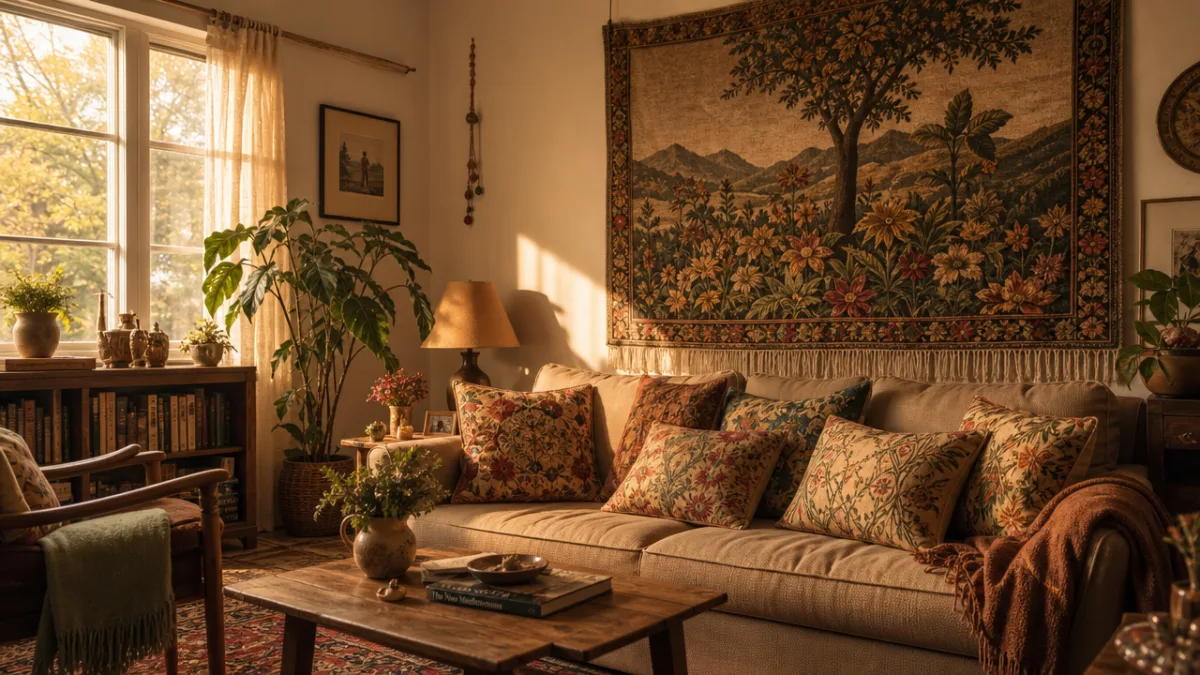 a cozy living room with handmade curtain-fabric pillows and a wall tapestry,…