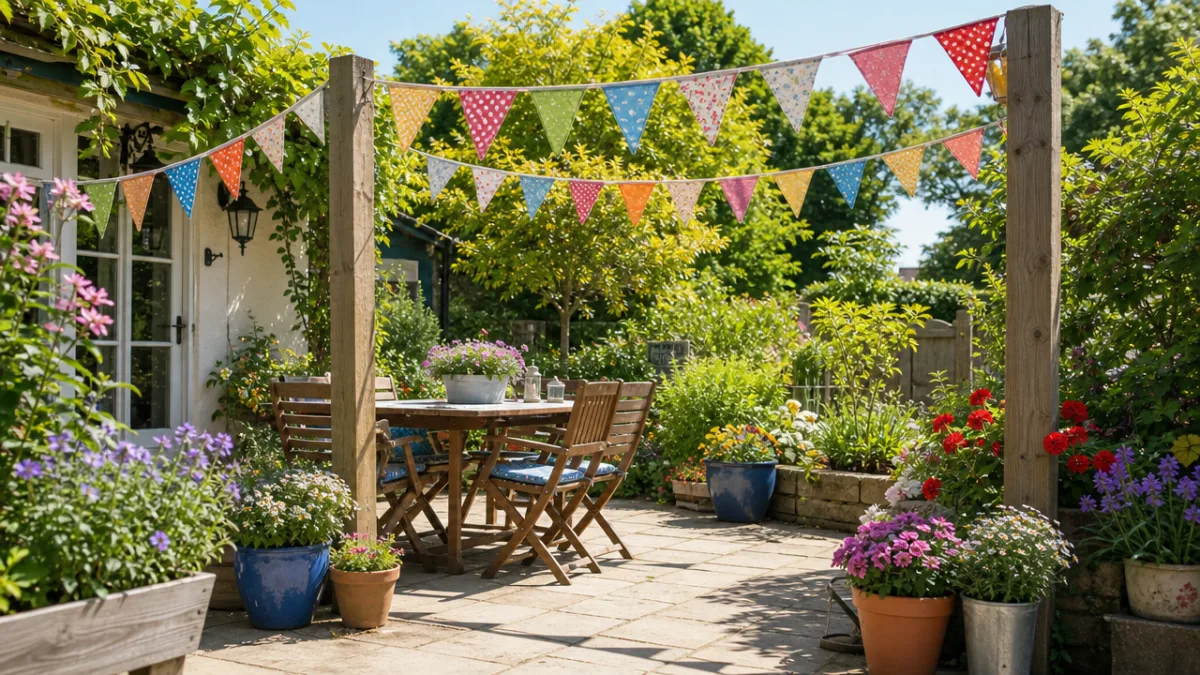 a sunlit garden patio with colorful fabric bunting strung between posts, bright…