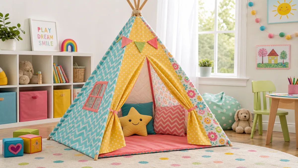 a cheerful children's play tent made from colorful patterned fabric in a…