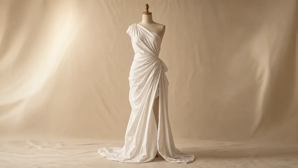 a draped white bedsheet dress on a mannequin against a soft beige…
