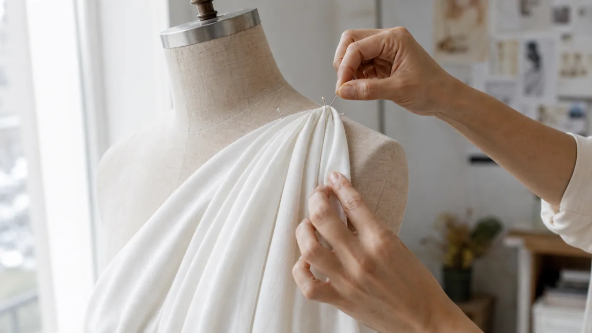 hands carefully pinning white draped fabric at the shoulder of a dress…