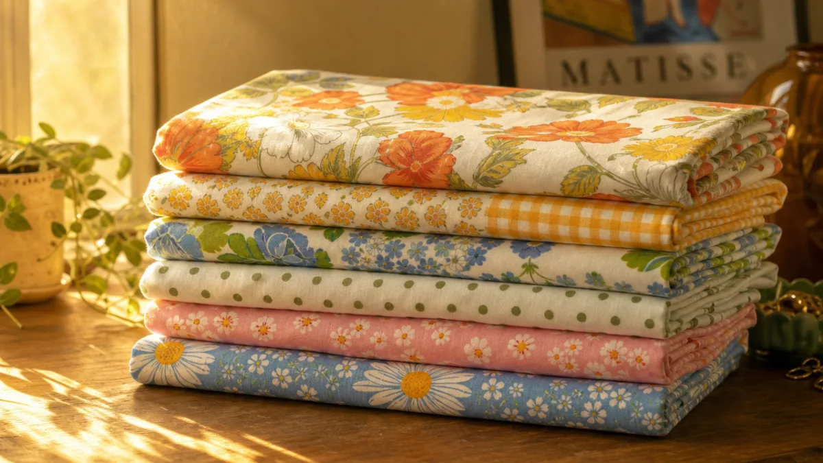a neatly folded pile of colorful vintage bedsheets on a wooden surface,…