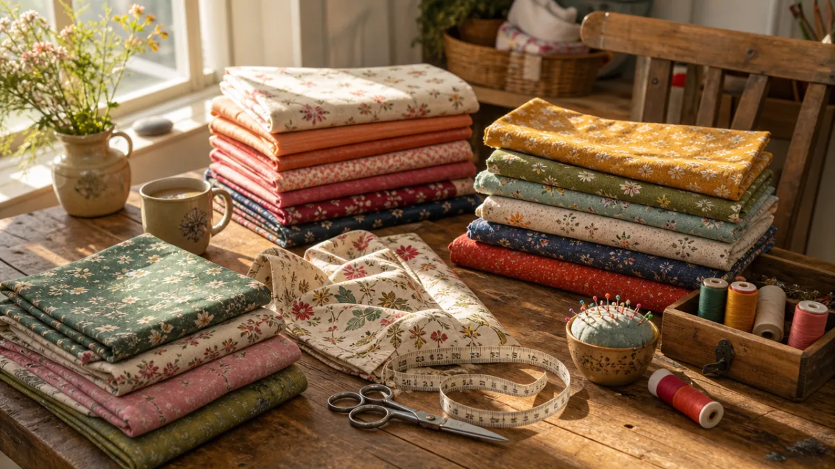 a rustic wooden table covered with colorful folded fabric pieces and sewing…