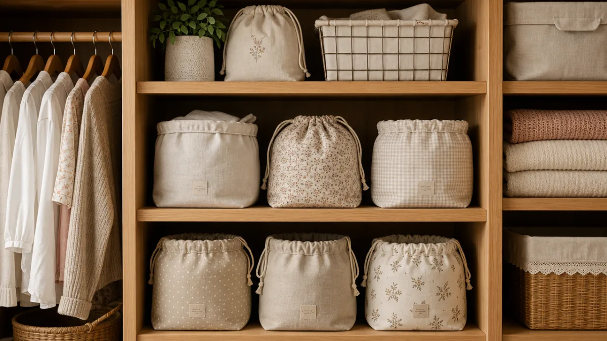 an organized wooden closet shelf with handmade fabric storage bags in soft…