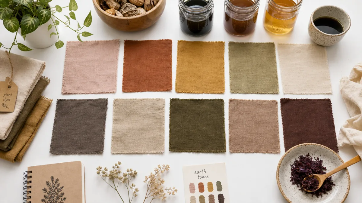 a creative craft workspace with dyed fabric swatches in earth tones laid…