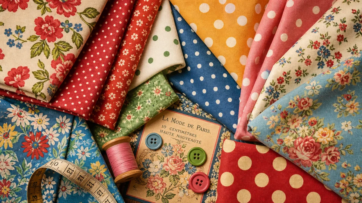 a flat lay of colorful vintage-inspired fabrics, polka dots and florals, warm…