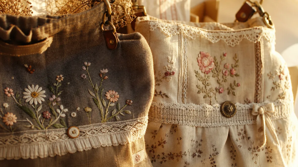 close-up of handmade fabric bags with embroidery and vintage trim details, warm…