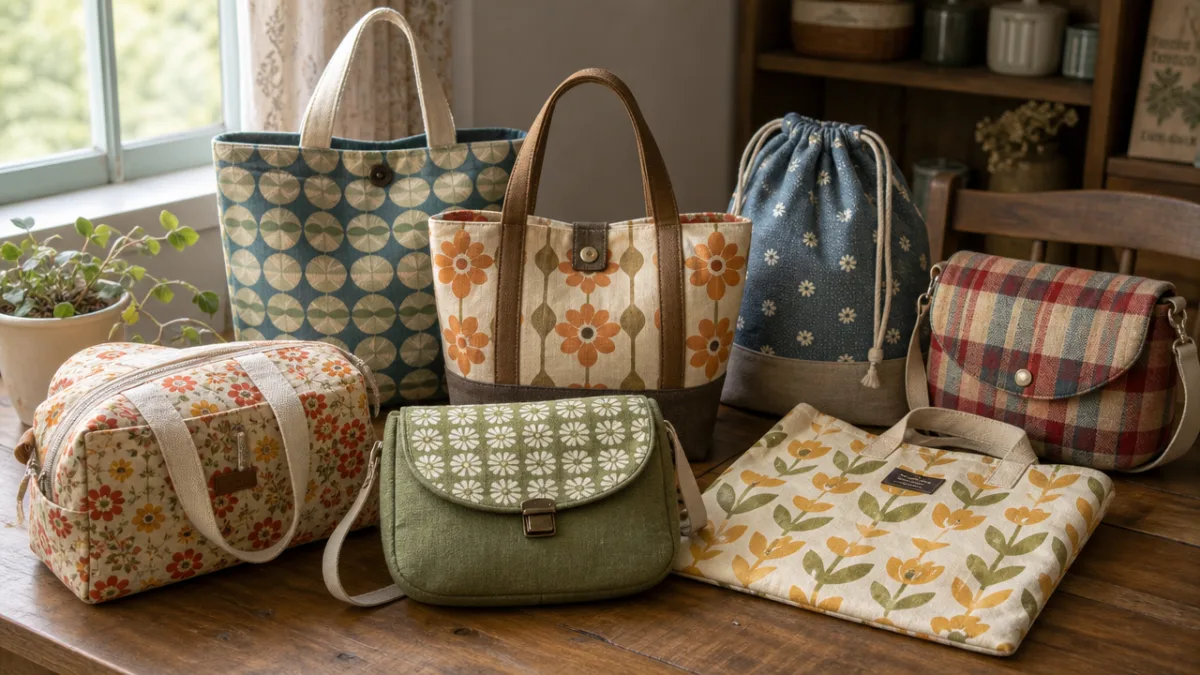 a collection of completed retro-style fabric bags arranged on a wooden table,…