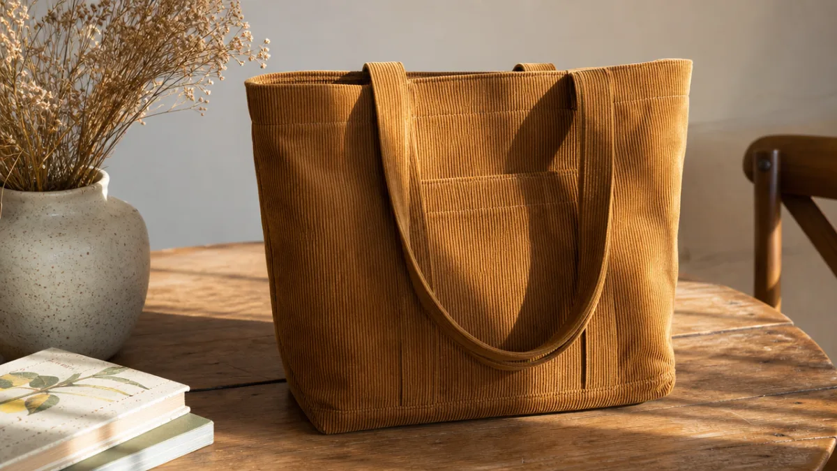 a beautifully sewn corduroy tote bag on a wooden table, warm afternoon…