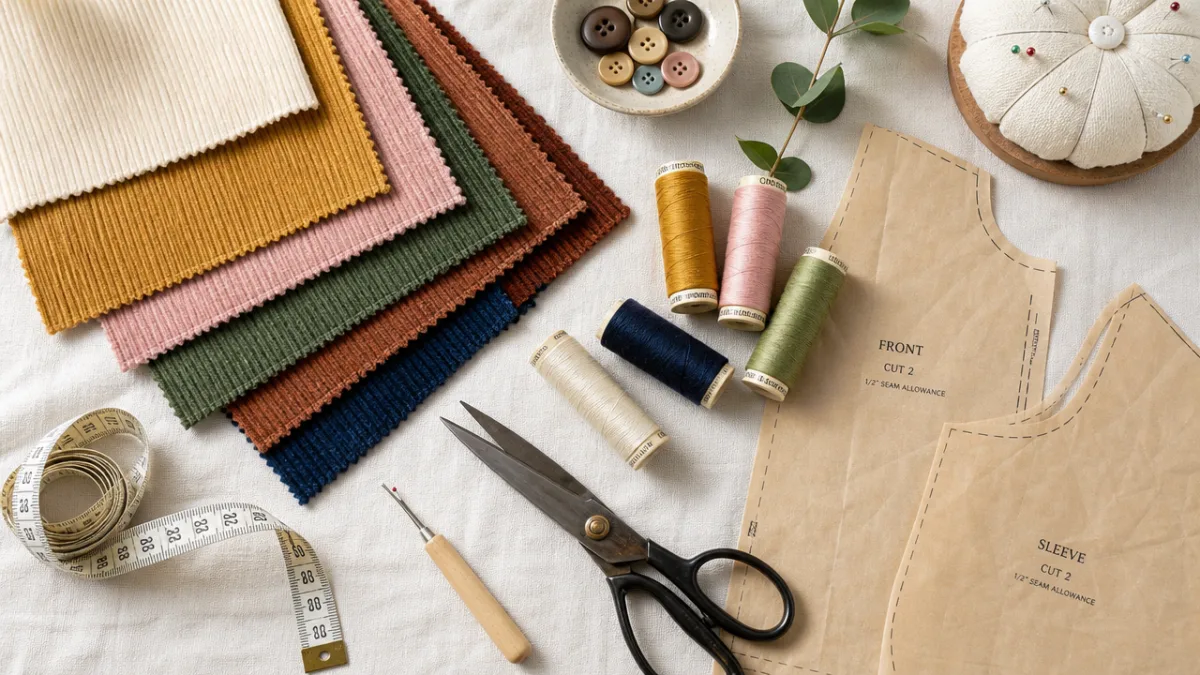 flat lay of sewing supplies including corduroy fabric swatches, thread, scissors, and…