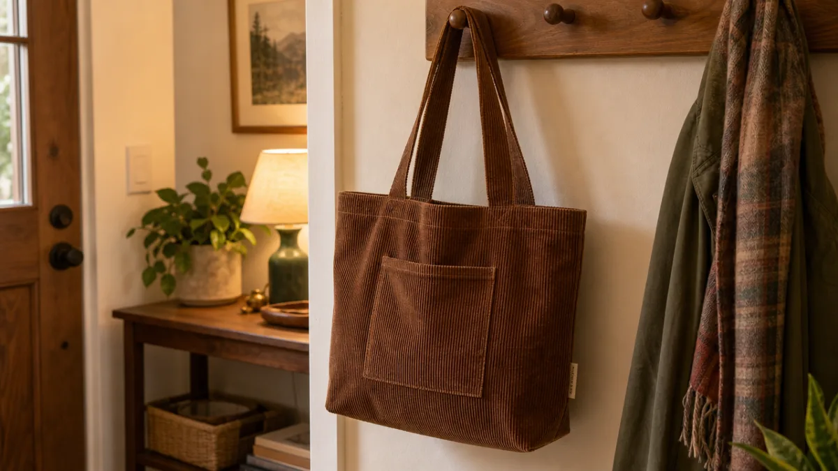 a finished corduroy tote bag hanging on a wooden hook in a…
