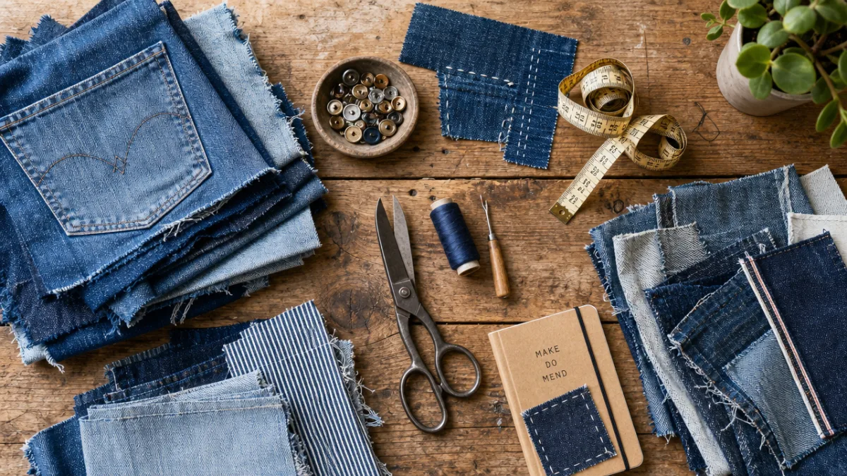 a flatlay of reclaimed denim fabrics and sewing tools on a rustic…