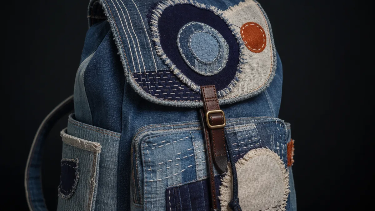 a close-up of a handcrafted denim backpack with abstract textile art, soft…