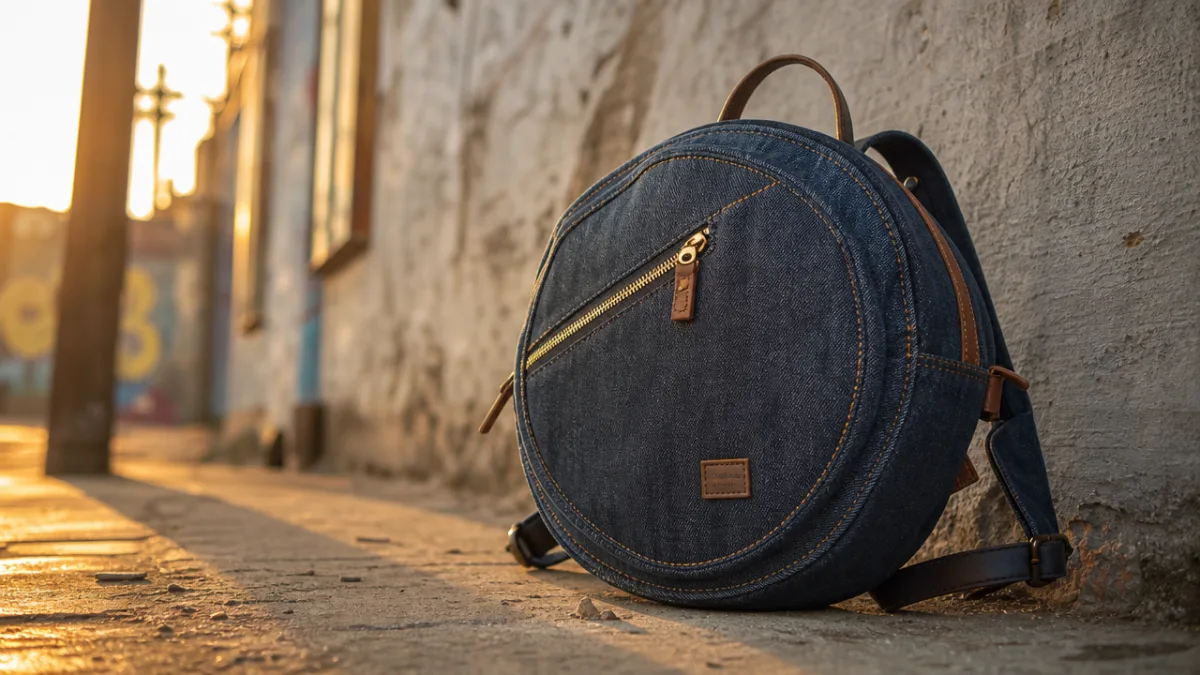 an artisan denim round backpack styled against an urban background, golden hour…