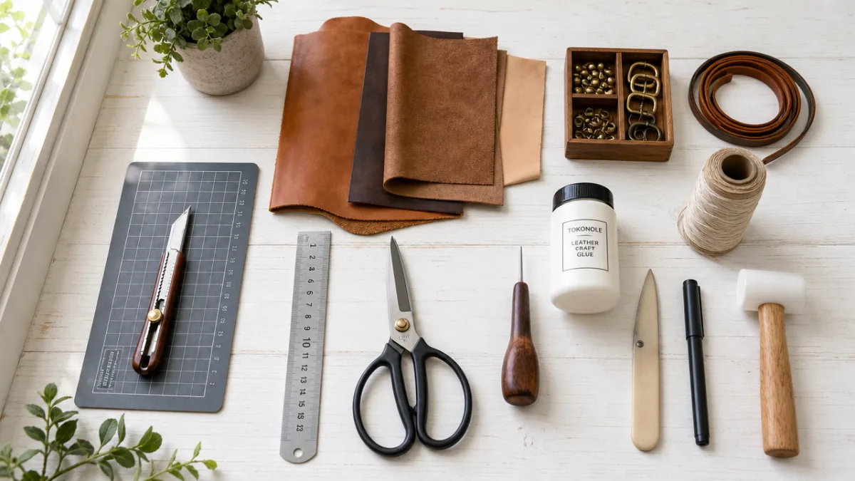 a neatly arranged flat lay of crafting tools including scissors, leather fabric,…