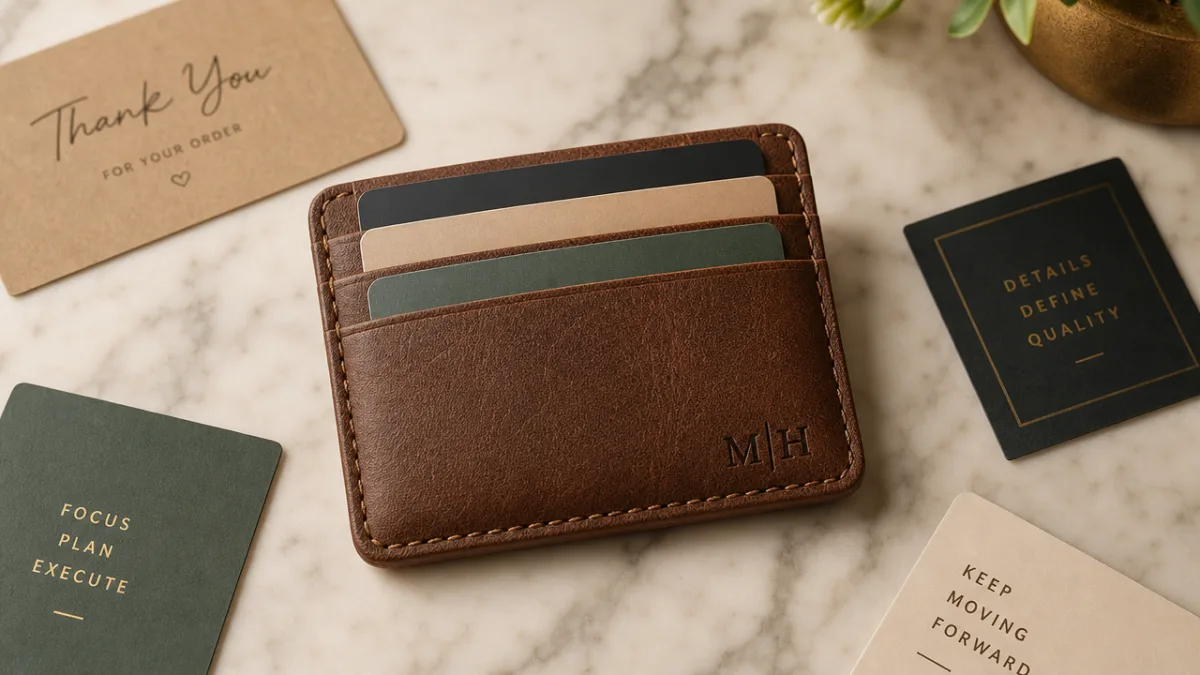 a handmade faux leather card holder displayed on a marble surface with…