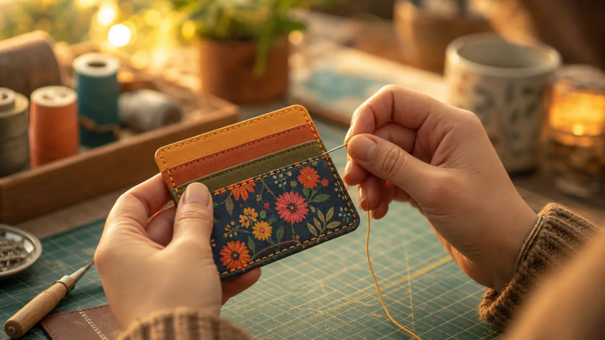 a person's hands carefully stitching the edge of a colorful fabric card…