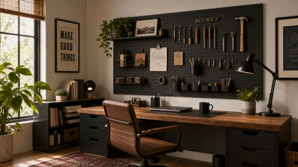 a stylish home office with a large black pegboard on the wall…