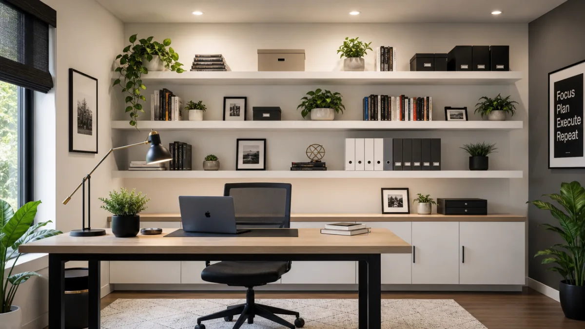 a modern home office with white floating shelves filled with books plants…