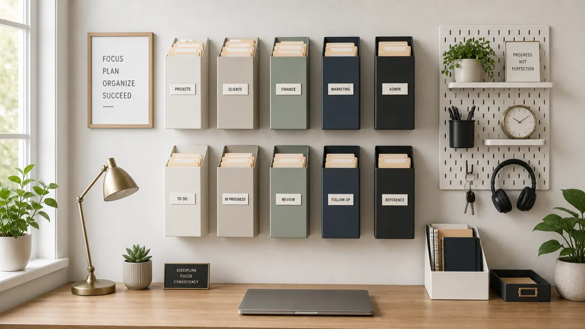 a tidy organized office wall with vertical file holders labeled folders and…