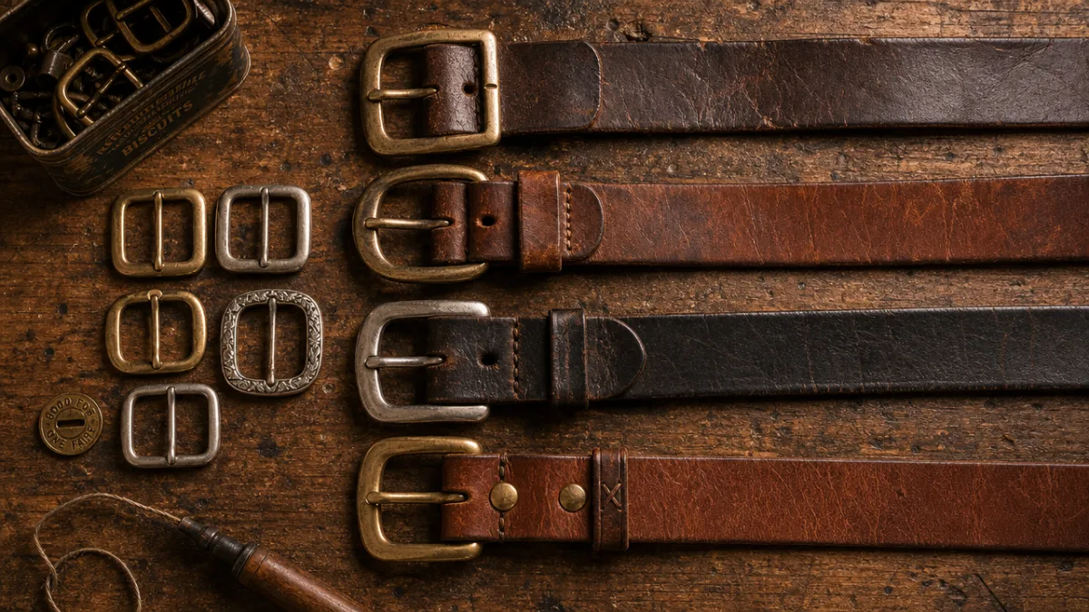 a flat lay of vintage leather belts and metal buckles on a…