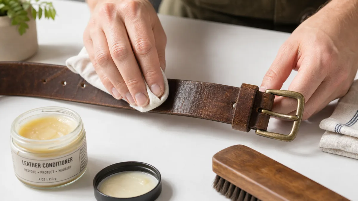 hands carefully cleaning and conditioning a worn brown leather belt on a…