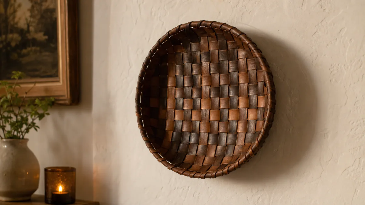 a finished woven leather belt wall basket hanging on a white plaster…