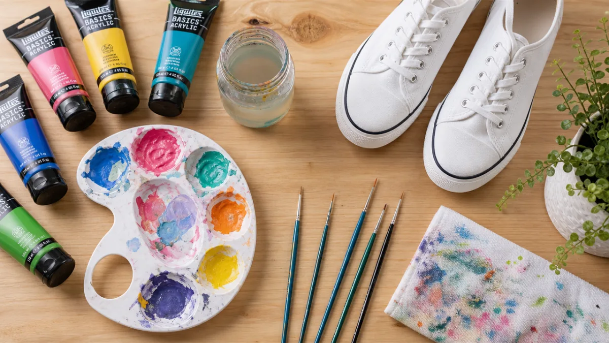 a flat lay of colorful acrylic paints, fine brushes, and white canvas…