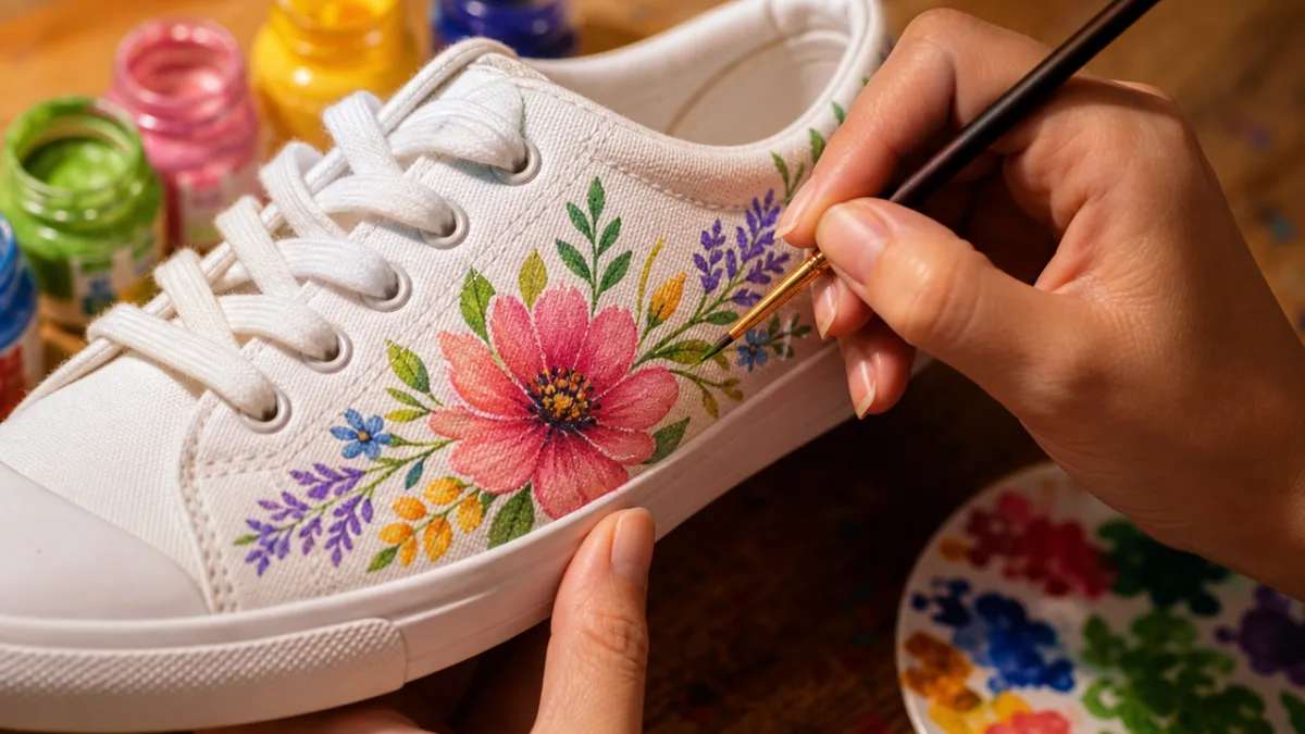 close-up of hands carefully painting a floral design on a white canvas…