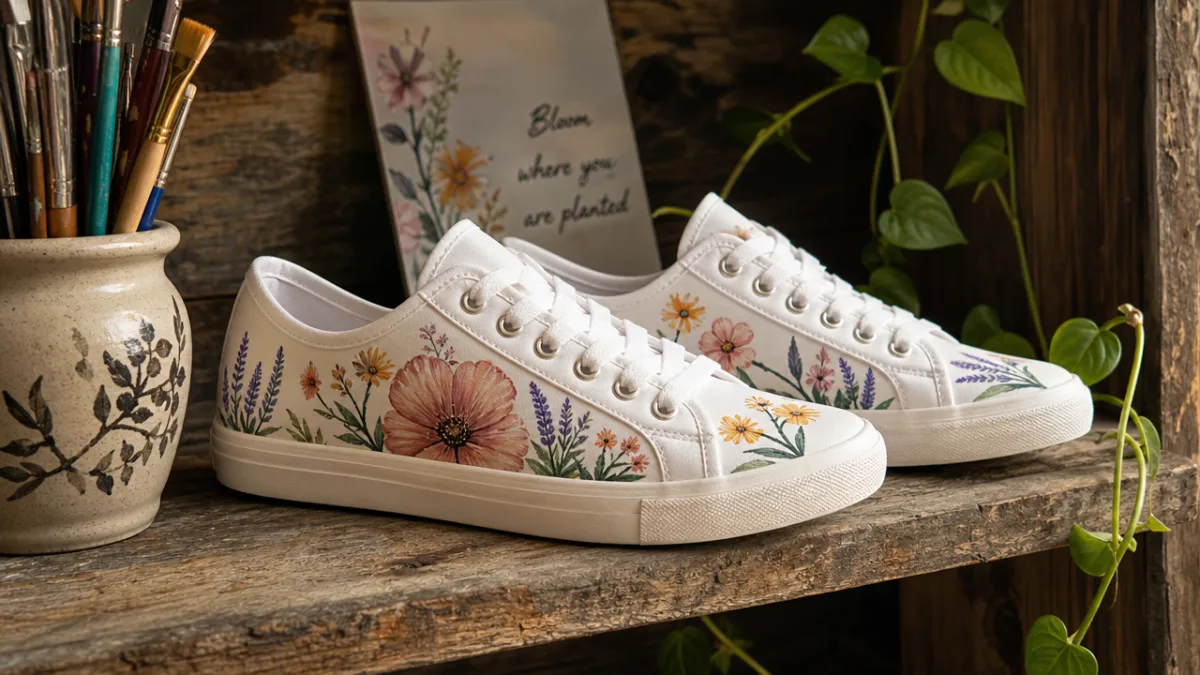 a finished pair of hand-painted floral sneakers displayed on a rustic wooden…