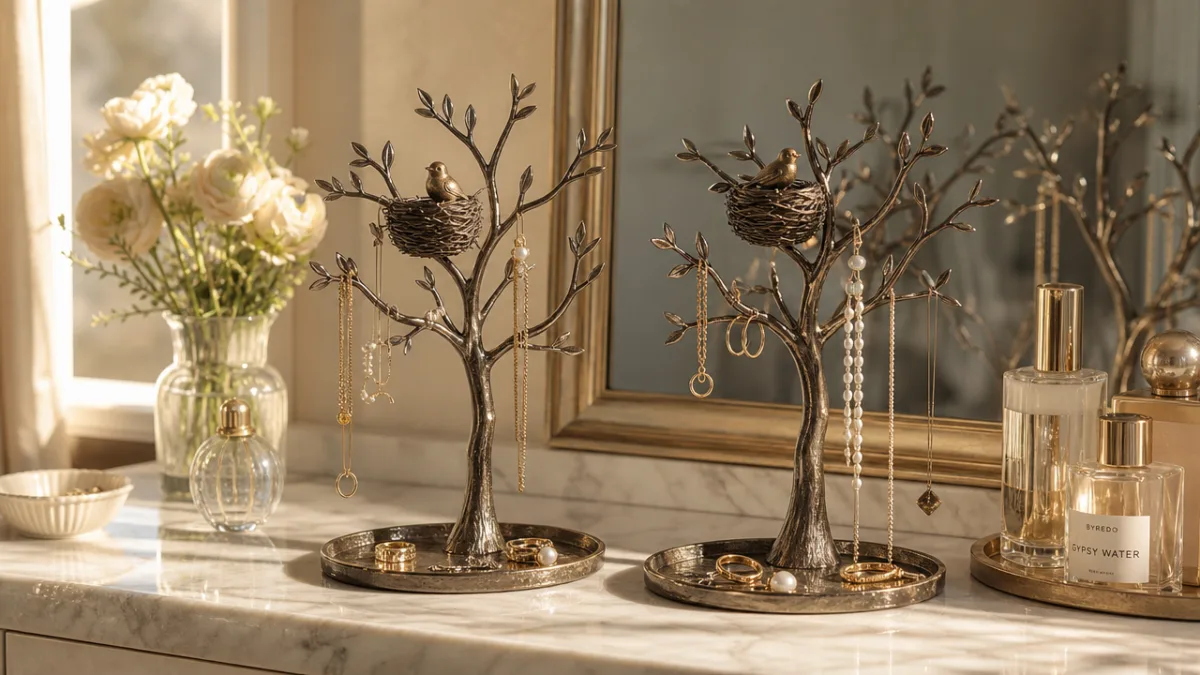 two matching metal tree jewelry stands with bird nests on a marble…