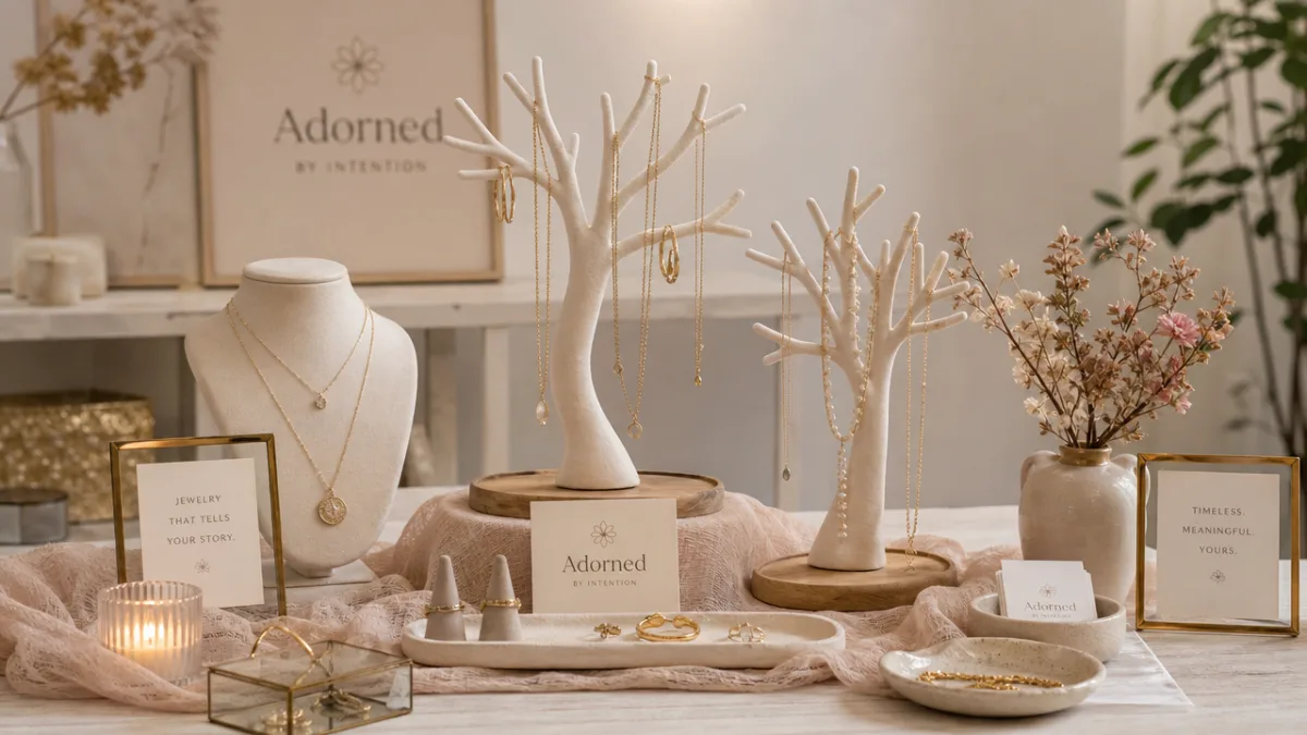 a styled boutique jewelry display table with two tree stands surrounded by…