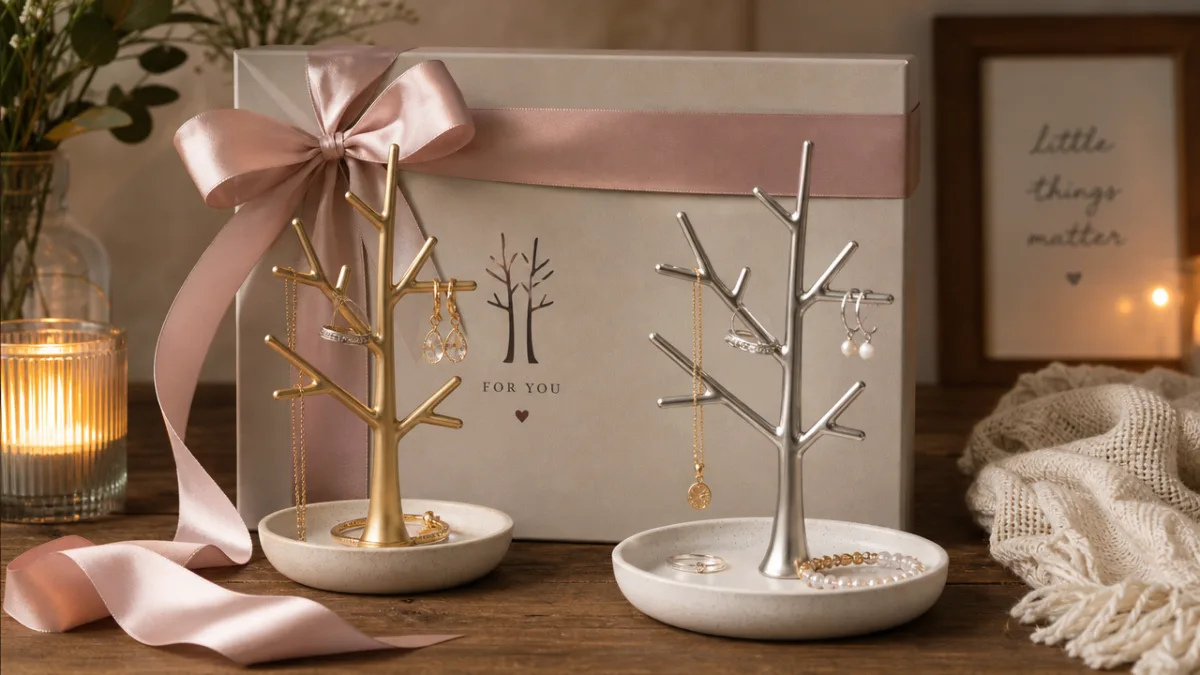 a gift-ready pair of tree jewelry stands with soft ribbon accents on…