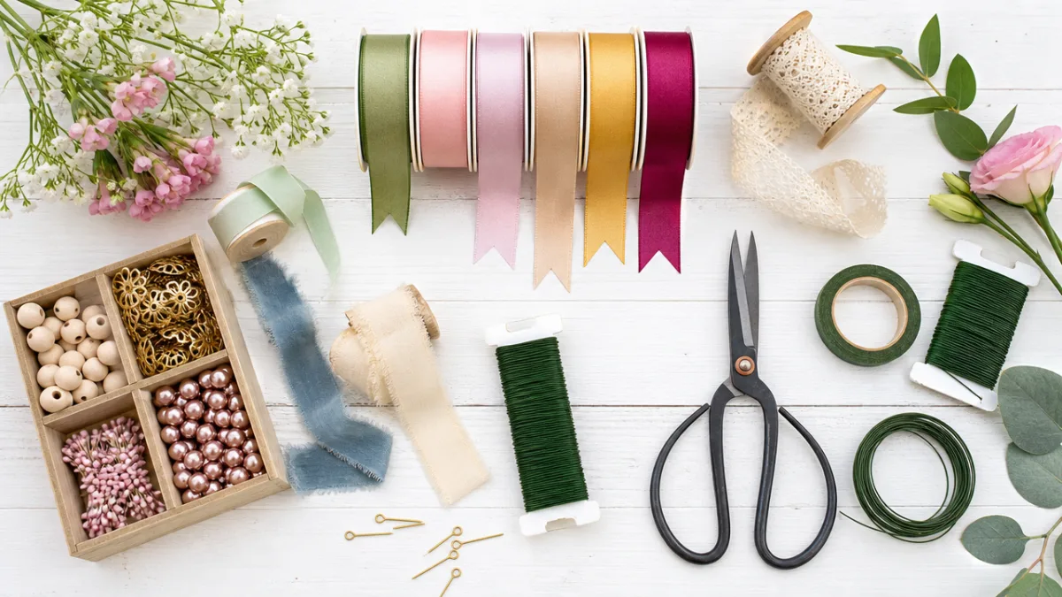 a flat lay of colorful ribbons, scissors, floral wire, and craft supplies…