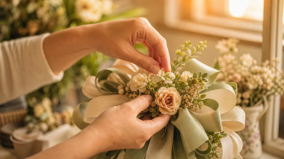 hands arranging delicate faux flowers onto a lush ribbon bow, warm golden…