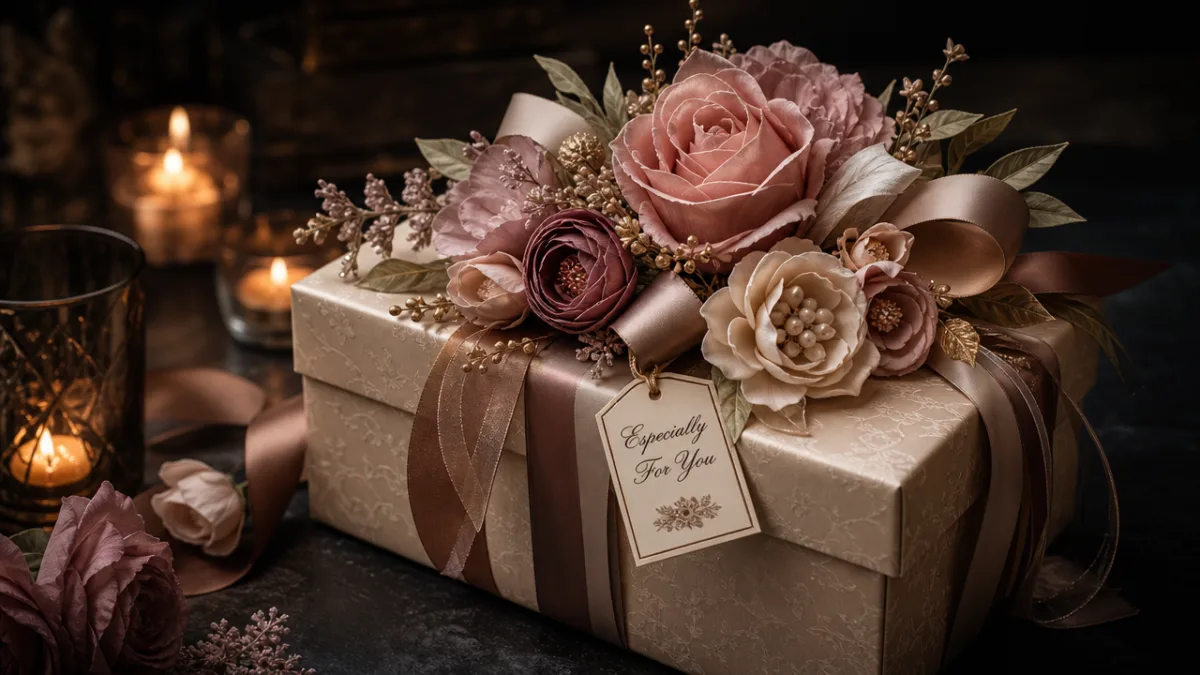 a beautifully wrapped gift box with a lush handmade floral bow on…