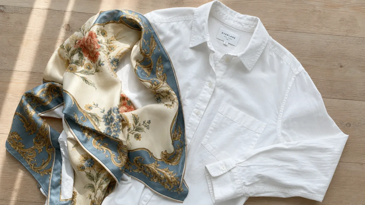 a flat lay of a vintage silk scarf and white button up…