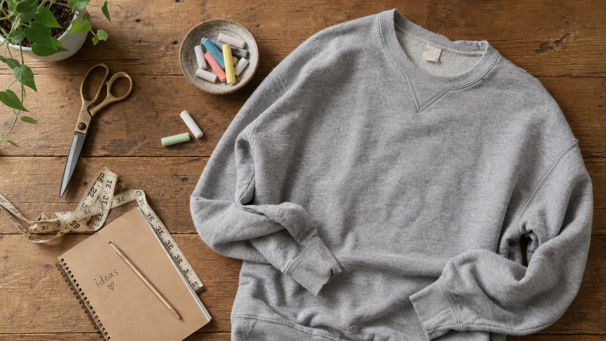 a flat lay of crafting supplies including scissors, an old grey sweatshirt,…