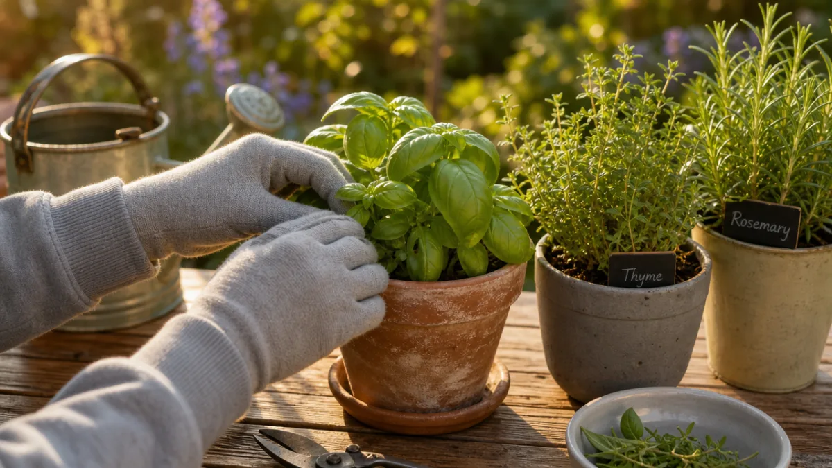 hands wearing soft grey sweatshirt fabric gloves gently tending potted herbs on…