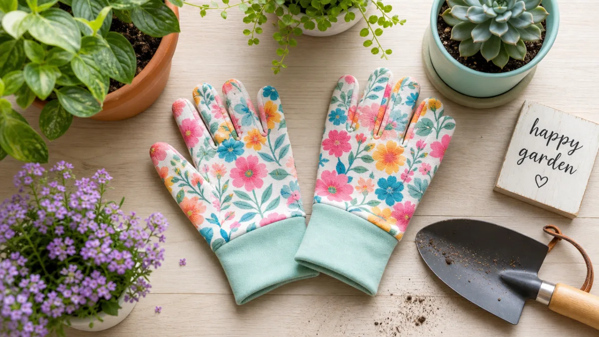 a cheerful flat lay of finished colorful sweatshirt garden gloves beside small…