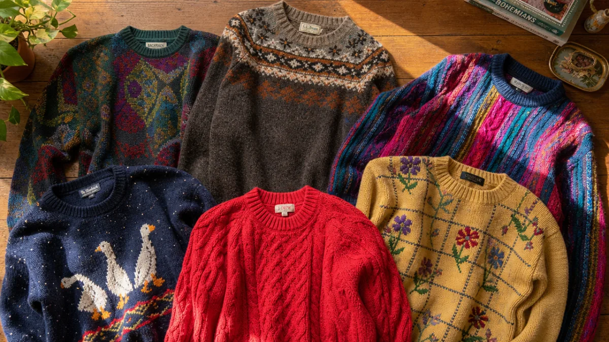 a flat lay of colorful thrift store sweaters on a wooden table,…
