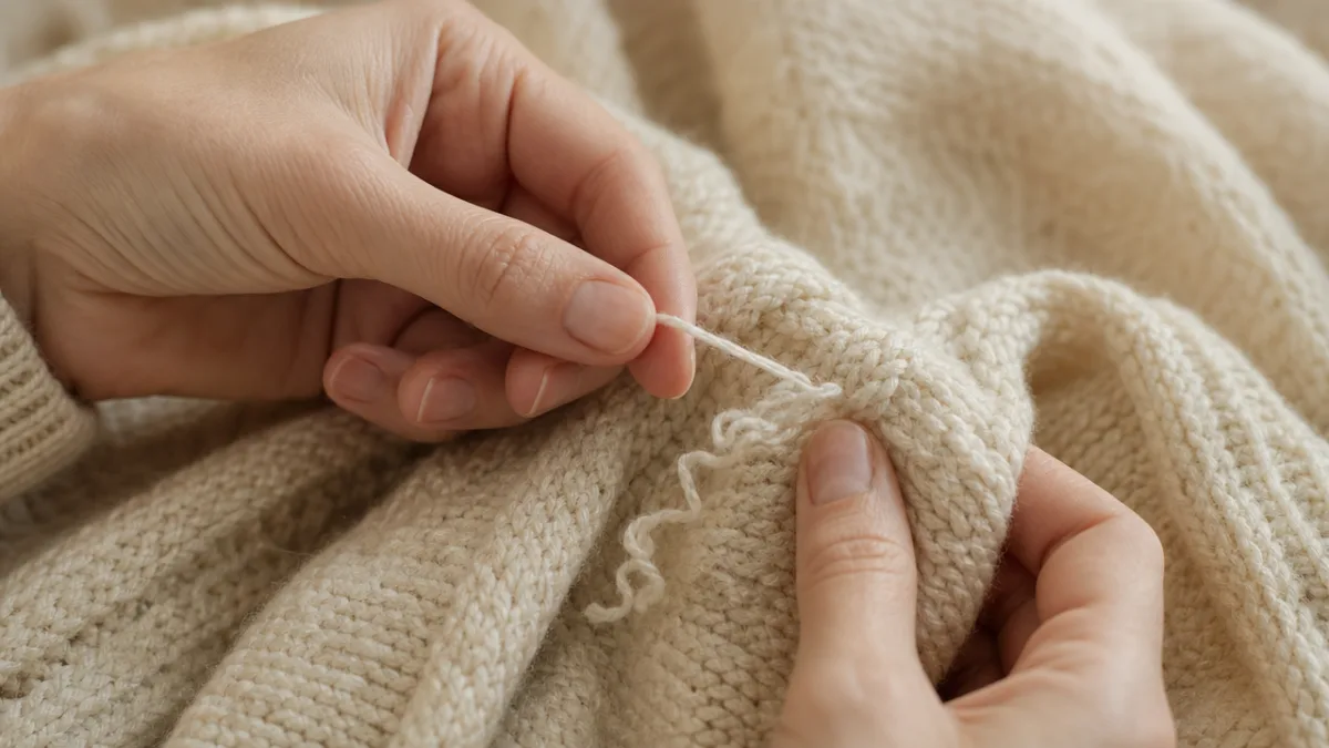 close-up of hands carefully unraveling soft wool yarn from a cream-colored knitted…
