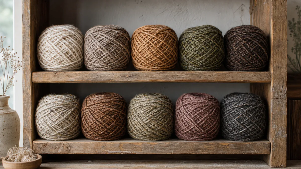 neatly wound balls of reclaimed yarn in earth tones arranged on a…