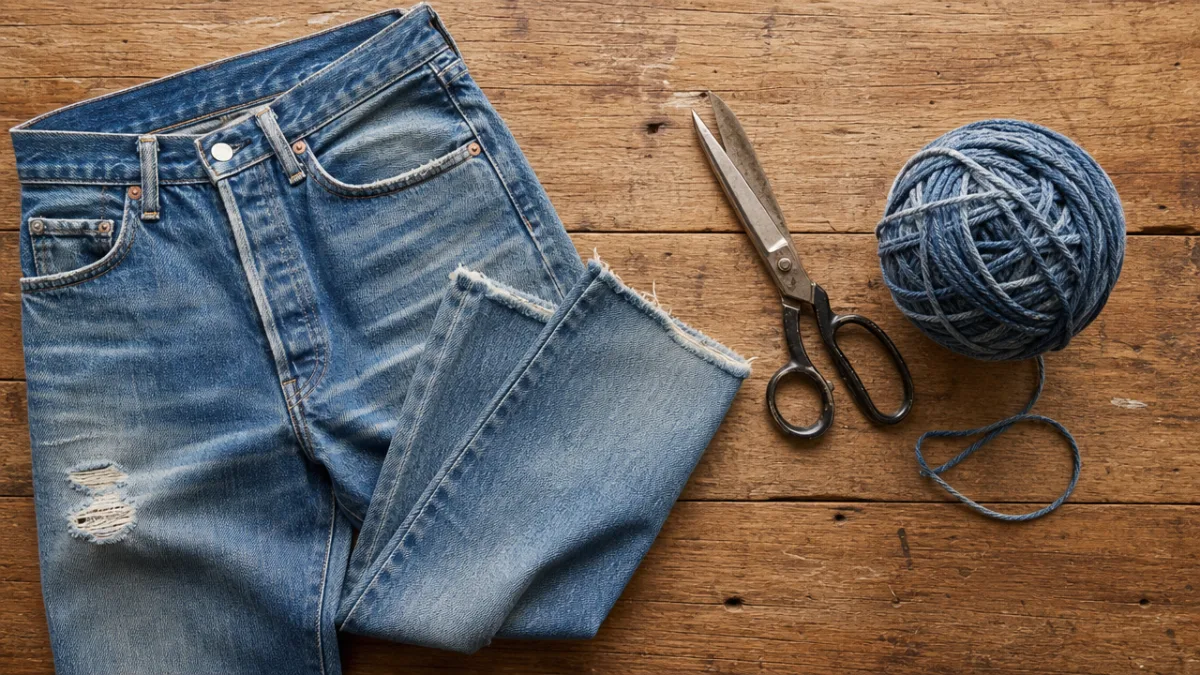 flat lay of old blue jeans, scissors, and a ball of denim…