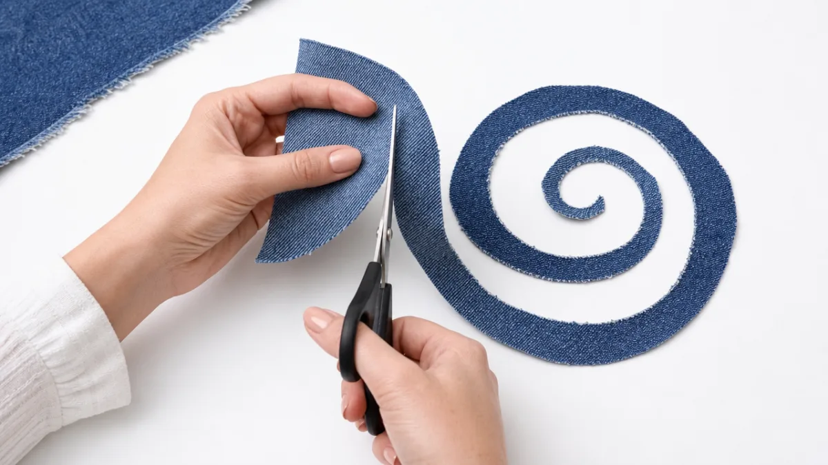 hands cutting a long spiral strip from a piece of denim fabric…