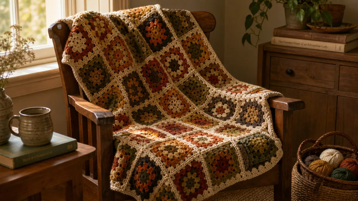 a handmade crochet quilt in warm earth tones draped over a wooden…