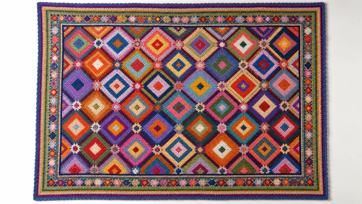 colorful tapestry crochet quilt with geometric diamond patterns laid flat, bright overhead…