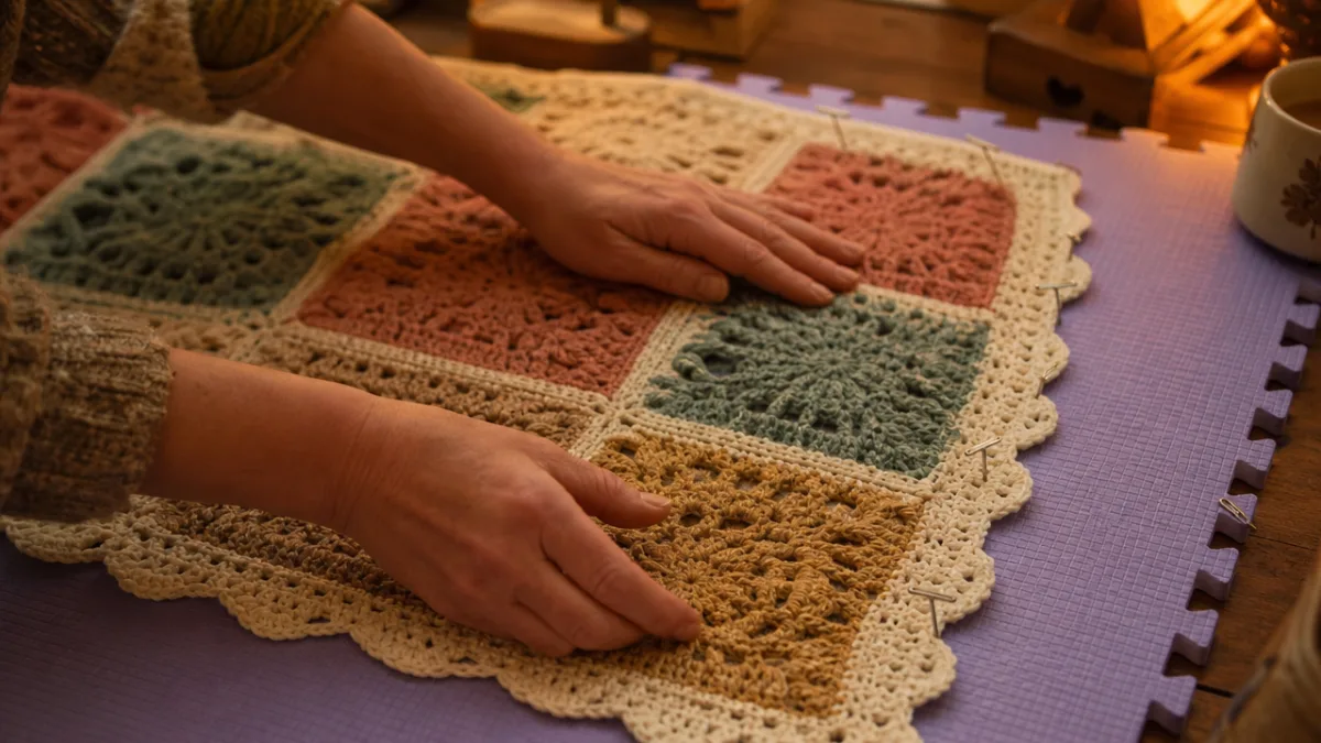close-up of hands carefully blocking a finished crochet quilt on foam mats,…